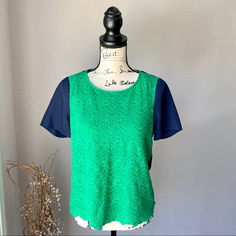 J. Crew Green Blue Crochet Lace T Shirt S